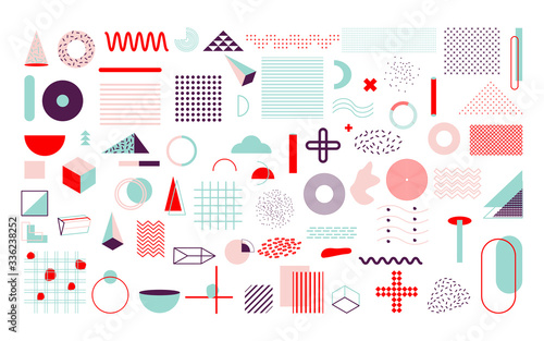 Set of colorful geometric shapes. Memphis design elements of retro style, funky 90s trends pattern. Trendy halftone for magazine, billboard, web poster, banner, leaflet. Isolated vector illustration