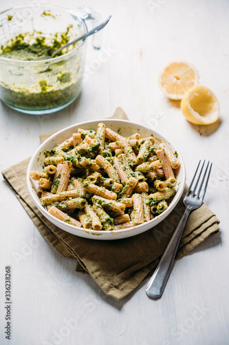 Food: Homemade pesto with wholemeal macaroni photo