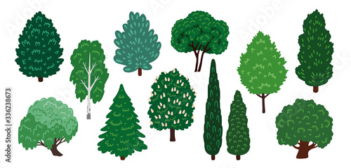Set of hand drawn forest and park trees. Various cartoon design elements for woodland landscape. Vector flat illustrations, isolated on white background.
