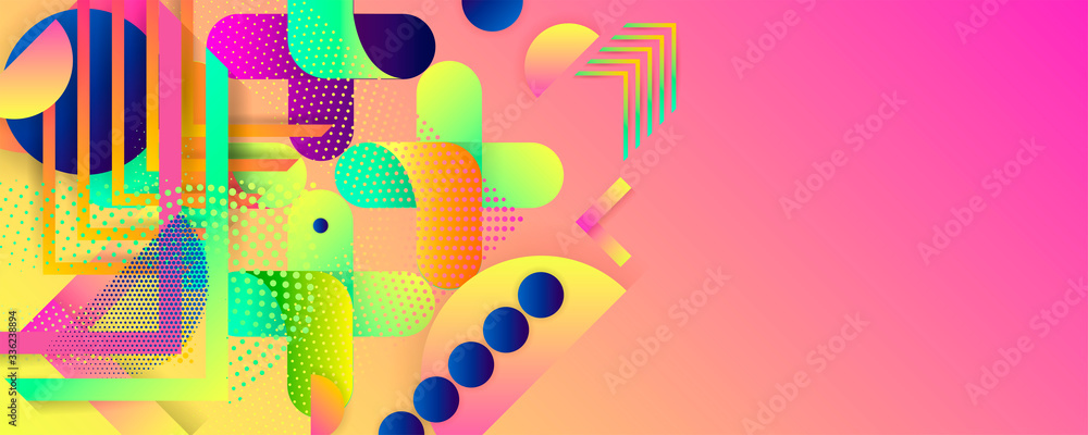 Bright juicy colors background with geometric elements, lines and dots for text, universal design