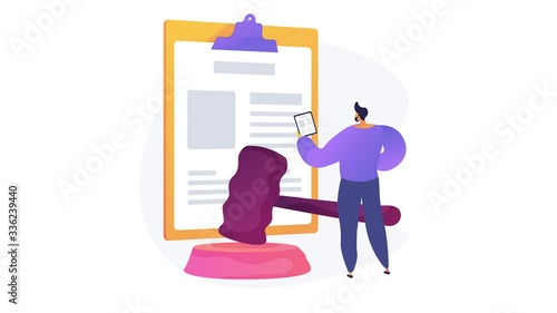 Legal statement. Court notice, judge decision, judicial system. Lawyer, attorney studying papers cartoon character. Mortgage debt, legislation. 4K seamless loop video animation footage.