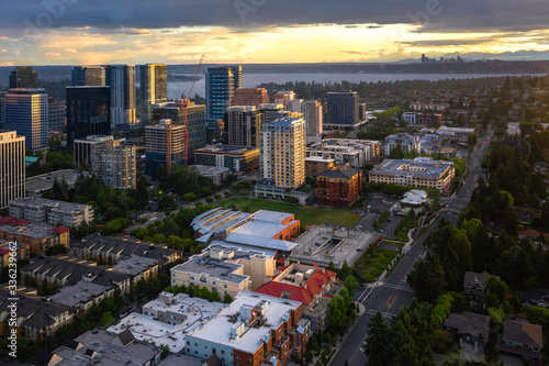 Downtown Bellevue Shimmers in Setting Sun as seen from the Air