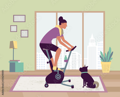 Woman riding stationary bike stay at home vector