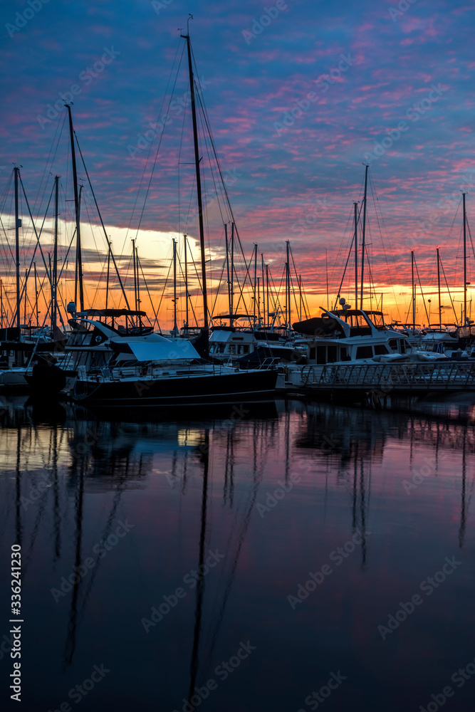 Fiery Sunset Over Sailboats in Seattle, WA