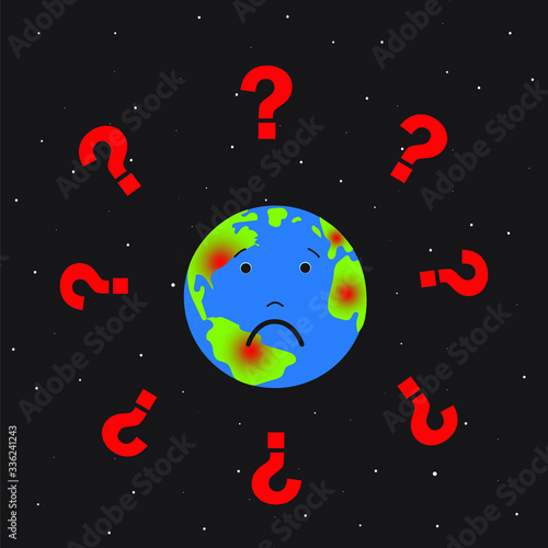 Planet earth with question marks around the planet. Coronavirus pandemic concept. Stock vector illustration, isolated on black background. 