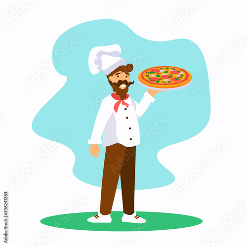 Chef cook holding tasty pizza. Traditional italian food. Vector illustration with cartoon character