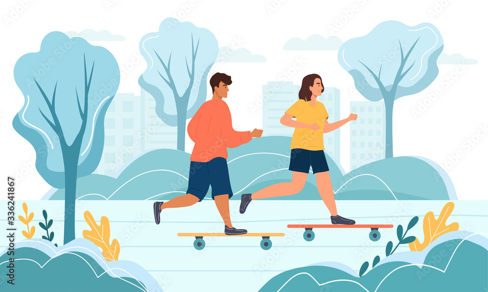 Young man and woman skateboarding in the park. Active lifestyle, training, cardio exercising concept. Flat vector illustration