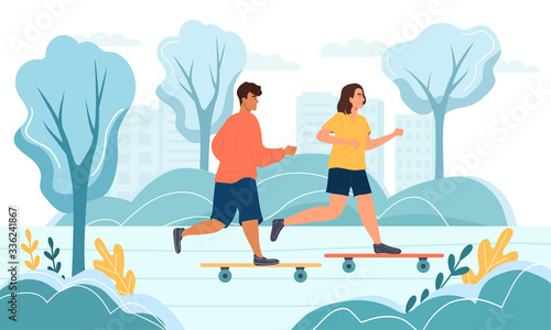 Young man and woman skateboarding in the park. Active lifestyle, training, cardio exercising concept. Flat vector illustration