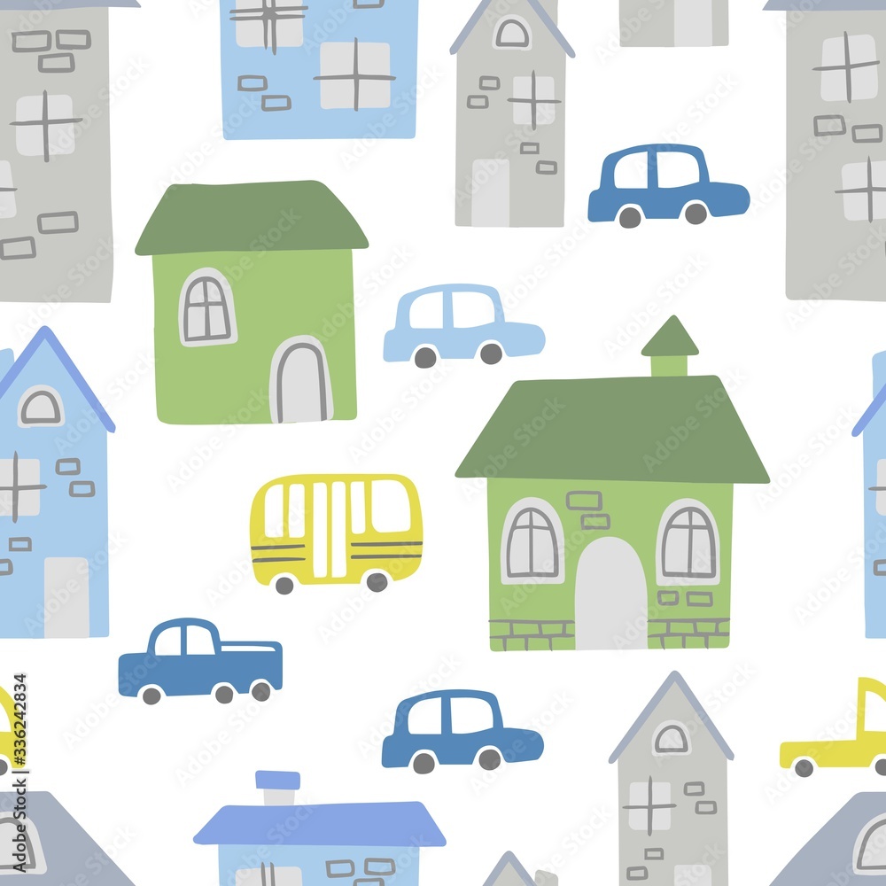 Seamless pattern of a small town and countryside. Pattern with different houses and cars. Perfect for kids fabric, textile, nursery wallpaper. Vector illustration. City map. Flat style.