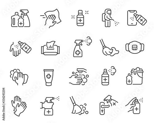 Disinfection and cleaning icon set. Collection of linear simple web icons such as hygiene, disinfection, cleaning, washing and other. Editable vector stroke.