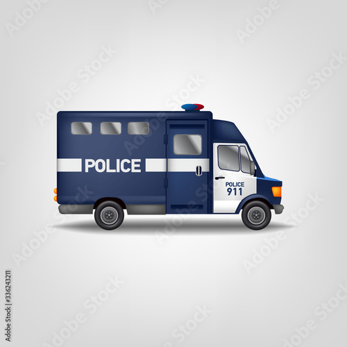  Illustration police car. Realistic Vector van. Blue service Truck template 