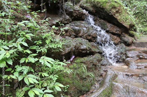 Beautiful landscape of cascade falls over mossy rocks, stones cover with moss, in a Mountain in Sichuan, China