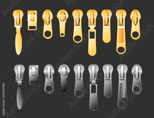zipper Set of gold and silver metallic closed and open zippers and pullers realistic set isolated on black background vector illustration