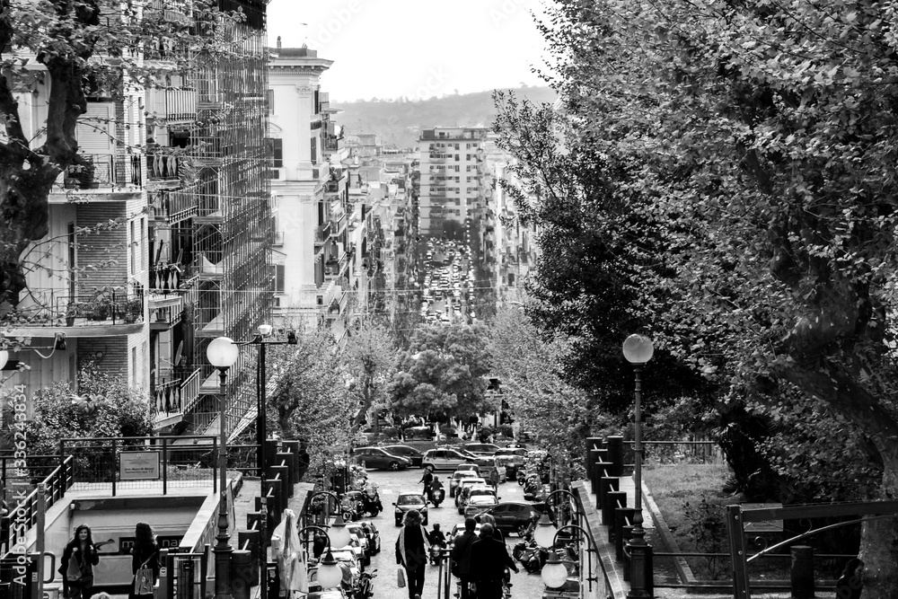 High hills Narrow streets of Naples, black and white photography