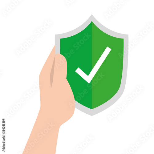 Hand holding check mark inside shield design, Ok tick choice correct approved choose vote positive and web theme Vector illustration