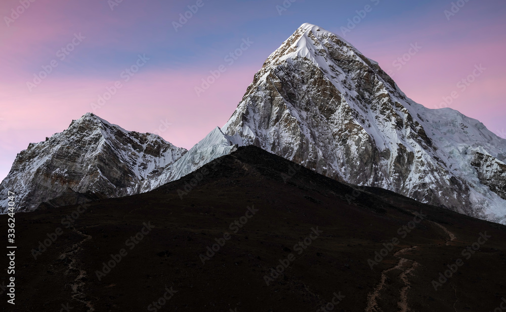 The Himalayn Mountain Pumori and Kala Patthar at Sunset