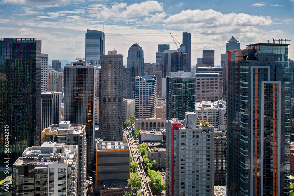 Naklejka premium Modern Skyscrapers of Seattle Skyline as seen from Air