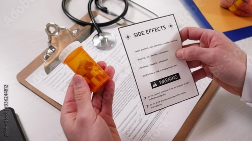 Doctor holding a side effect warning paper and medicine pills in his hand looking at them. photo