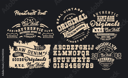 Original vintage Denim print for t-shirt or apparel. Old school vector graphic for fashion and printing. 
Retro alphabet in western style , Slab Serif and serif type letters.Handmade Vintage Font 