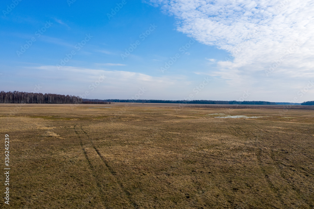 Aerial view of an unplowed field in spring