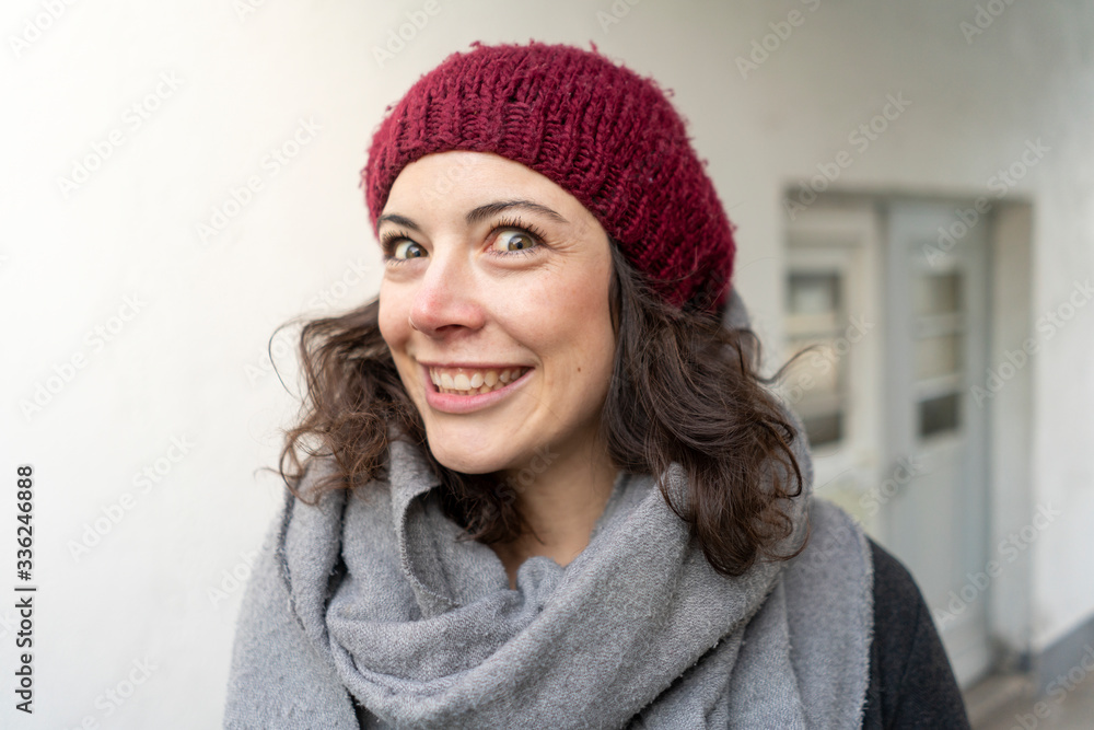 Portait of smiling woman in winter clothes Portait of smiling woman in winter clothes