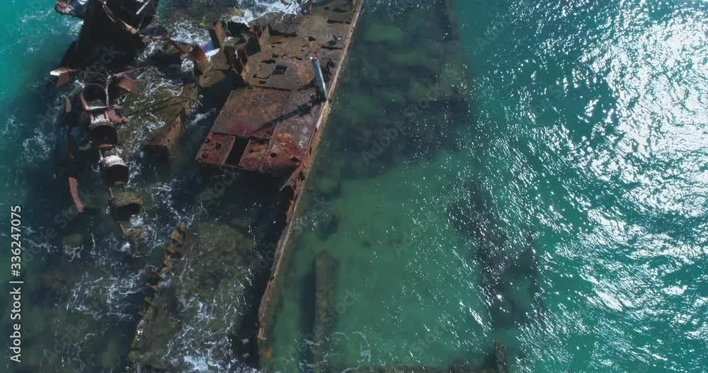 Cinematic 4k aerial video close up of rusty Shipwrecks in Turquoise Waters Cinematic 4k aerial video close up of rusty Shipwrecks in Turquoise Waters