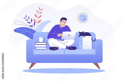 Young man or freelancer sitting on sofa with cat and working online with a laptop at home illustration. Social distancing and self-isolation during corona virus quarantine. Vector illustration