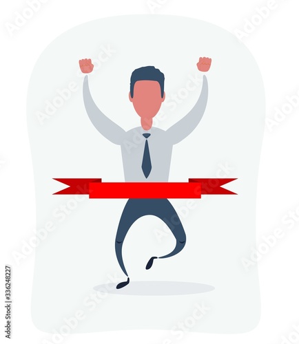 Concept of successful businessman in a finishing line. Businessman victory with hands up run toward red ribbon tape finish. Vector flat design illustration.