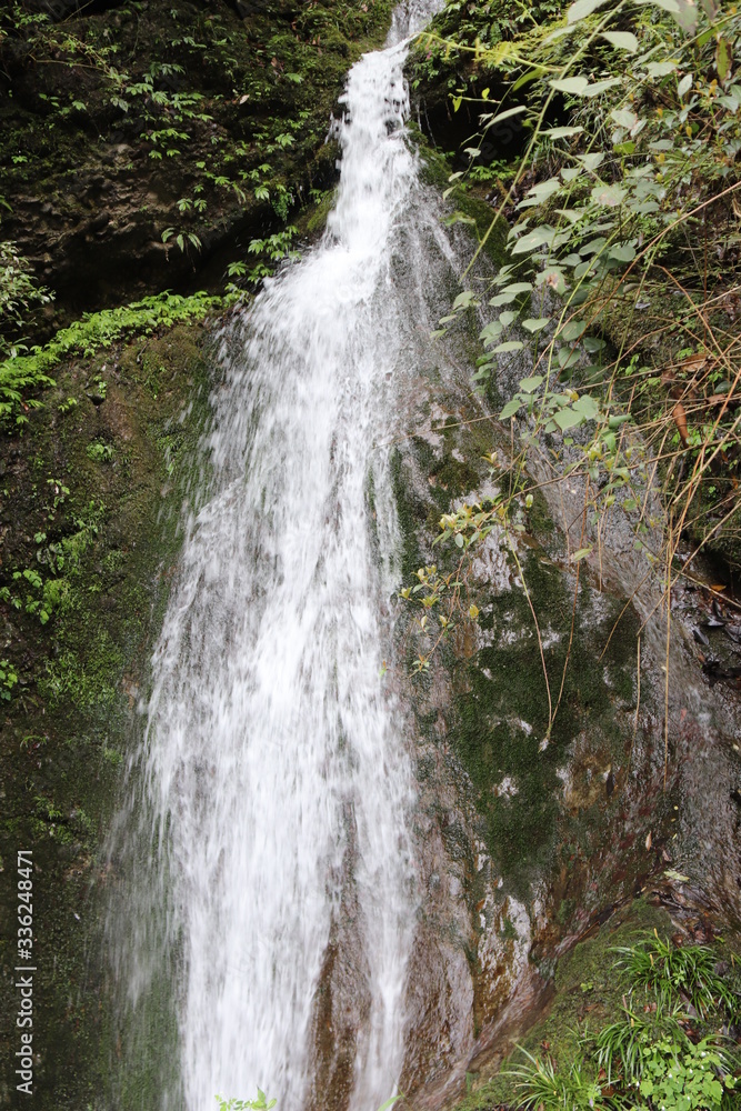 Beautiful landscape of a waterfall in a forest in a Mountain in Sichuan, China Beautiful landscape of a waterfall in a forest in a Mountain in Sichuan, China