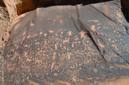 Native American Petroglyphs on Newspaper Rock in southwest Utah.  photo