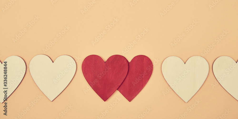 Love relationship. Flame of love. Romantic attachment. Amour, fondness. Couple in love. Red hearts mockup, copy space