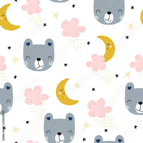 Seamless pattern with sleepy bear, moon and clouds. Childish cute print. Vector hand drawn illustration.