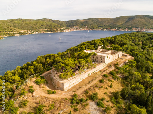 Aerial view above of Fort George on Vis island, Croatia. photo