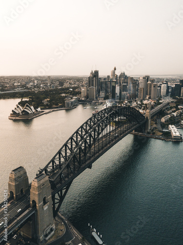 Aerial View of the Harbour Bridge in Sydney during a sunrise photo