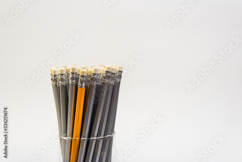 Simple pencils for office workers. Pencils for drawing. The pencils are in the glass.
