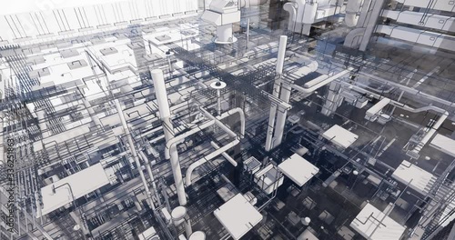 Roof top view visualization of a BIM model of utilites of building with transparent walls	