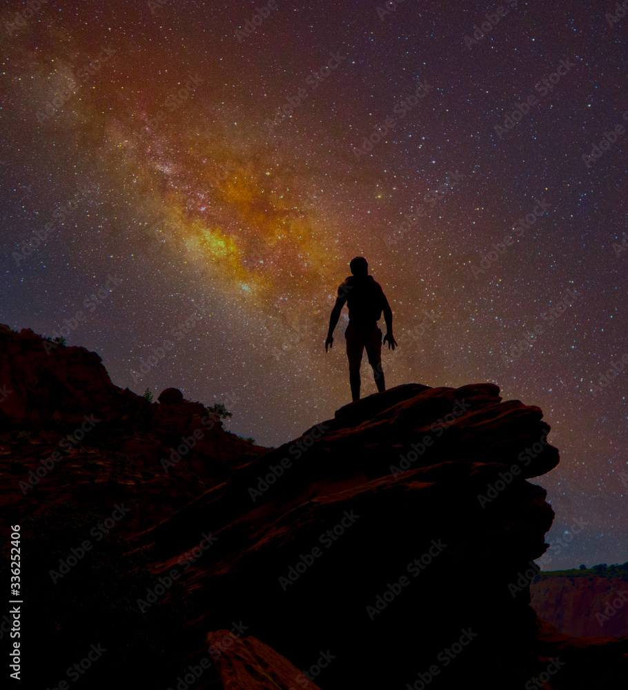 Alien hiker in Zion National Park taking in the night sky view