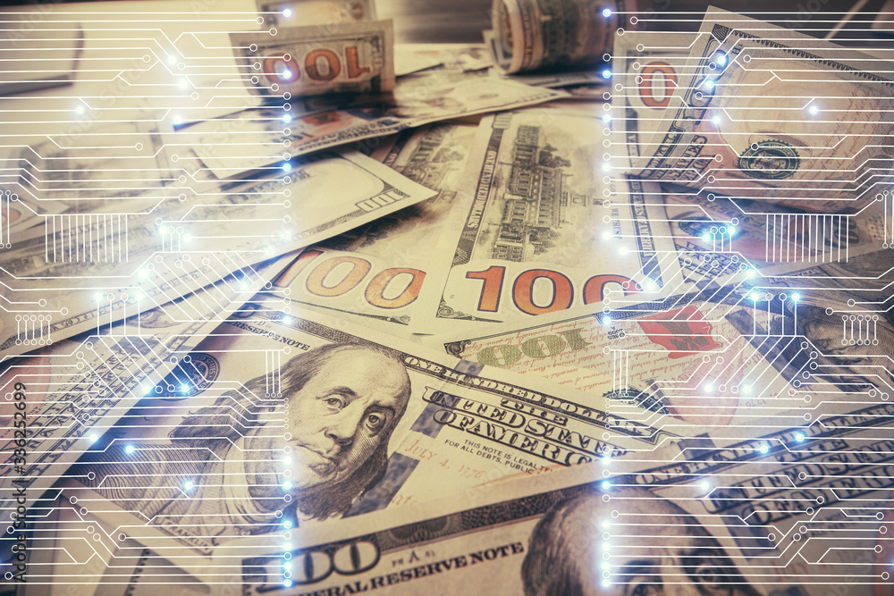 Double exposure of tech theme drawing over usa dollars bill background. Concept of technology. Double exposure of tech theme drawing over usa dollars bill background. Concept of technology.