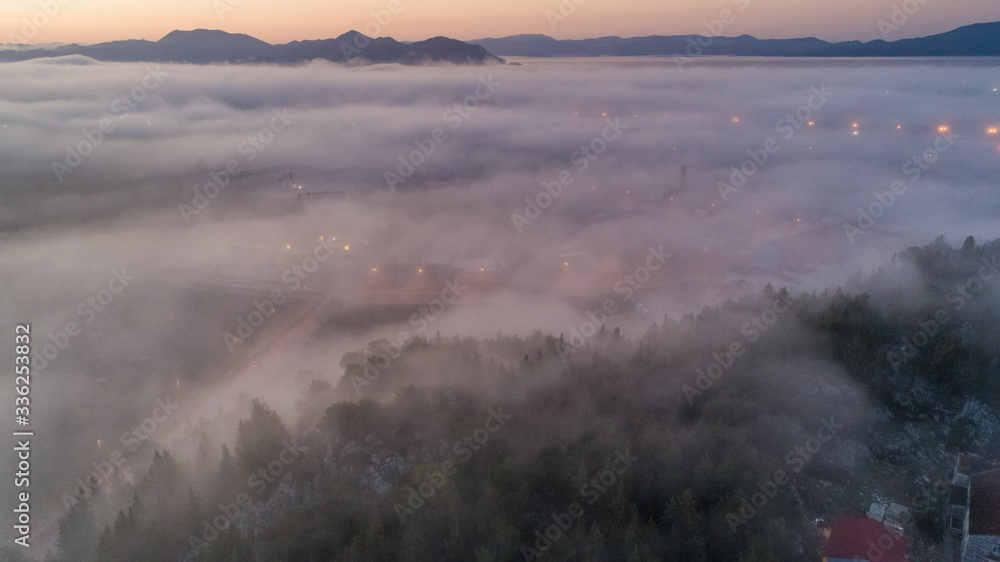 Aerial view of forggy mornin in Ploce, Dalmatia, Croatia. Aerial view of forggy mornin in Ploce, Dalmatia, Croatia.
