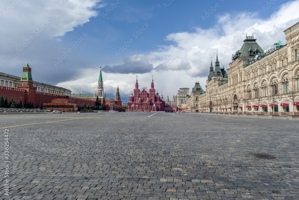 Moscow, Russia, April 5, 2020. Coronavirus Quarantine Covid-19 in Moscow Empty Red Square