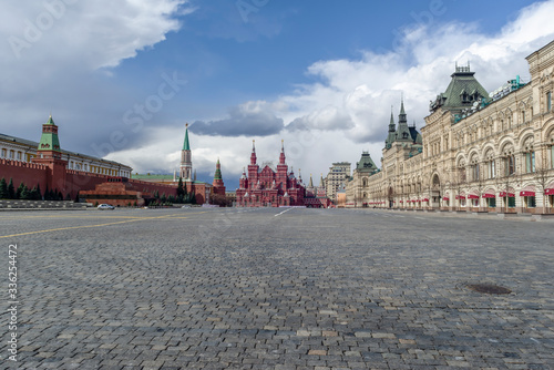 Moscow, Russia, April 5, 2020. Coronavirus Quarantine Covid-19 in Moscow Empty Red Square