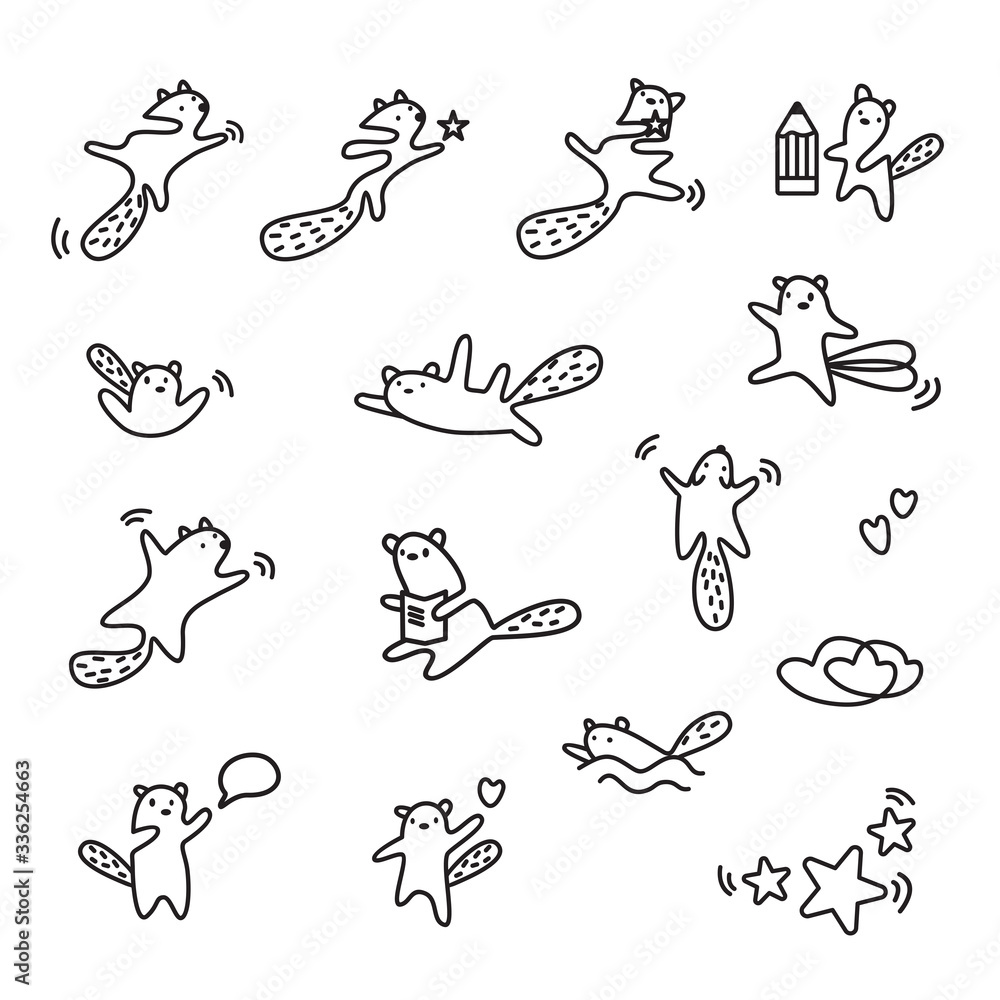 Cute kawaii animals linear set. Character in motion process playing out different situations. Funny beaver, flying squirrel or cat logo design template in minimalistic style. Modern care and education