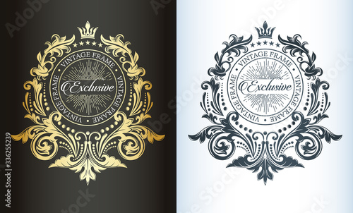 Luxurious vintage monogram. Decorative frame. Deciduous ornament on a dark and light background in the form of a wreath. Golden pattern. Template for monogram or brand. Place for text.