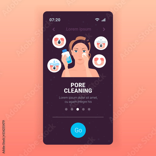 woman using napkin cleaning pore facial cleansing procedure on clogged face skin care treatment concept portrait smartphone screen mobile app copy space vector illustration