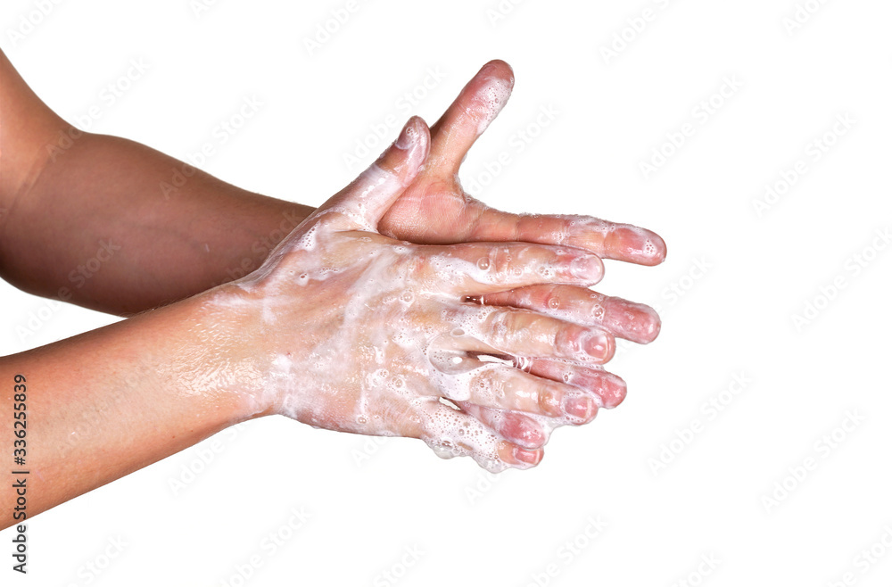 Young man wash hands with soap, closeup detail on soap bubbles, isolated on white. Can be used during coronavirus covid-19 outbreak prevention Young man wash hands with soap, closeup detail on soap bubbles, isolated on white. Can be used during coronavirus covid-19 outbreak prevention