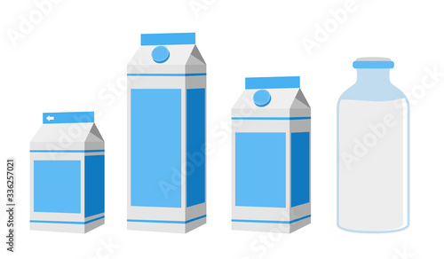 Vector carton milk box packages and glass bottle
