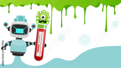 Healthcare concept abstract background with virus.Vector robot doctor with medical test tube.