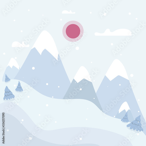 Winter Landscape Background with fir-trees and mountain. Stock vector illustration in flat design for Invitation, web banner, greetings card, social media and other winter related occasion