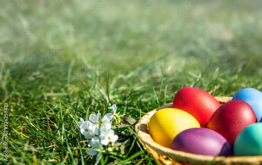 Multi-colored Easter eggs in a basket on the grass with a fog effect, the background is blurred, shallow depth of field, selective focus. Easter holiday concept Multi-colored Easter eggs in a basket on the grass with a fog effect, the background is blurred, shallow depth of field, selective focus. Easter holiday concept