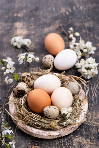 Easter composition with eggs and blooming branch